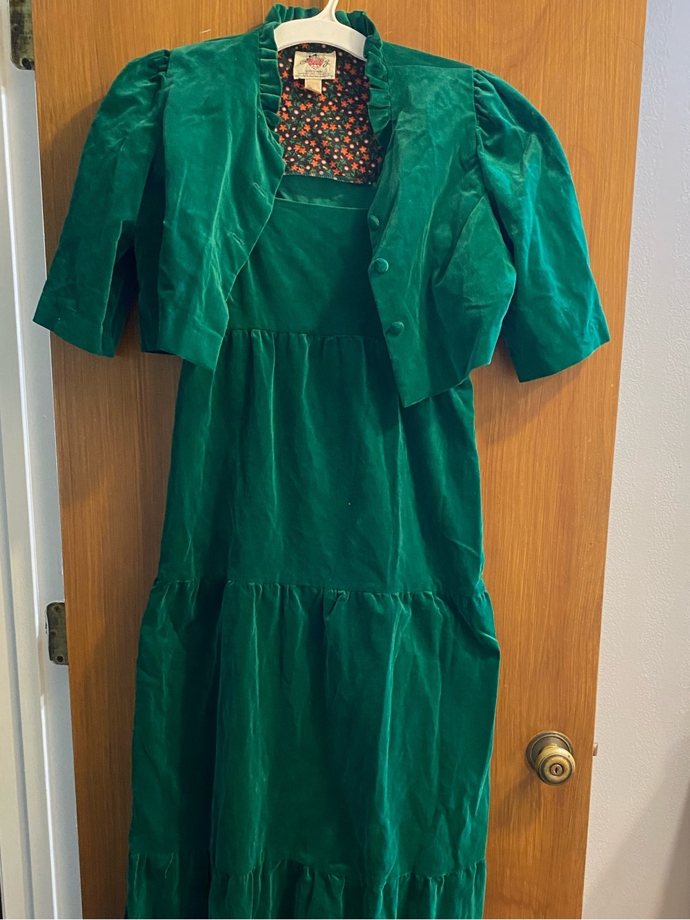 Vintage Lanz Original Emerald Green Tiered Velvet Dress with Bolero Jacket.